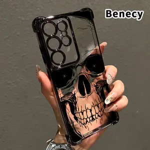 Skull's Silent Gaze Pattern Phone Case Compatible with Samsung Galaxy S23 Ultra S24 Plus S25 S22+ FE Edge Electroplated Four-Corner Anti-Fall Protection Cellphone Cover