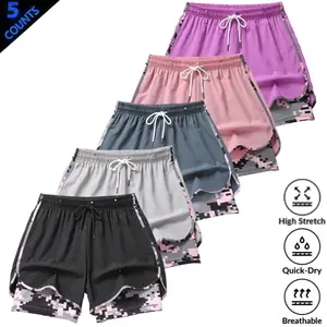 Women's 5-Piece Camouflage Activewear Bottoms Set - Contrasting Color Double-Layer Mid Waist Fitness Shorts, Basic Sportswear with Elastic Drawstring, Curved Hem, Breathable Stretchy Fabric for Adjustable Leg-Shaping Fit, Summer Casual Clothes fathersdayg