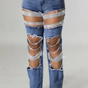 Ripped Denim Jeans with Rhinestone Straps - Trendy Distressed Look for Women Fashion Womenswear Streetwear Casual Basic
