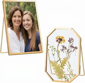 2 Pcs 4" x 6" Pressed Flower Frame, Gold Floating Picture Frame for Dried Flowers, Wedding Bouquet Preservation, Photo Display, Tabletop or Wall, Octagon and Rectangle