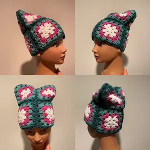 100% Cotton One Size Granny Square Cat Beanie