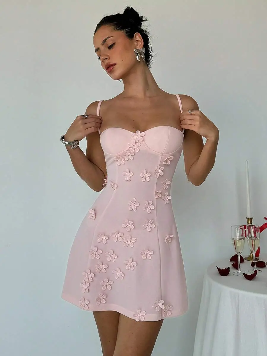Light Pink Floral Detail Cami Dress for Women A Line Resort Vacation Summer Outfit