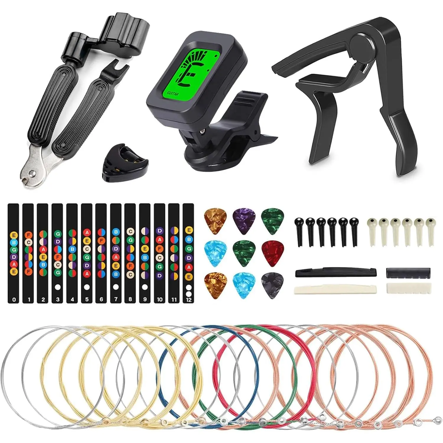 Beginner-Friendly Acoustic Guitar Setup Kit with Bronze Coated Strings, Tuner, Capo, 3-in-1 Restring Tool, Pick Holder, Bridge Pins, Nuts, Saddles, Fretboard Stickers