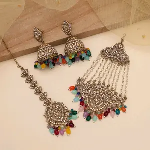 Nauratan Kundan & Imitation Pearls Earrings with Tikaa & Jhoomar