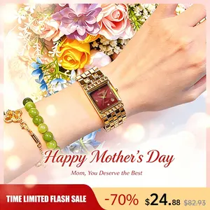 Vintage Gold Square Watch for Women Red Dial Greek Key Style Luxury Quartz Wristwatch Stainless Steel Bracelet Classic Elegant Dress Watch Waterproof Fashion Casual Business Watch Perfect Date Night Anniversary Birthday Holiday Gift for Her