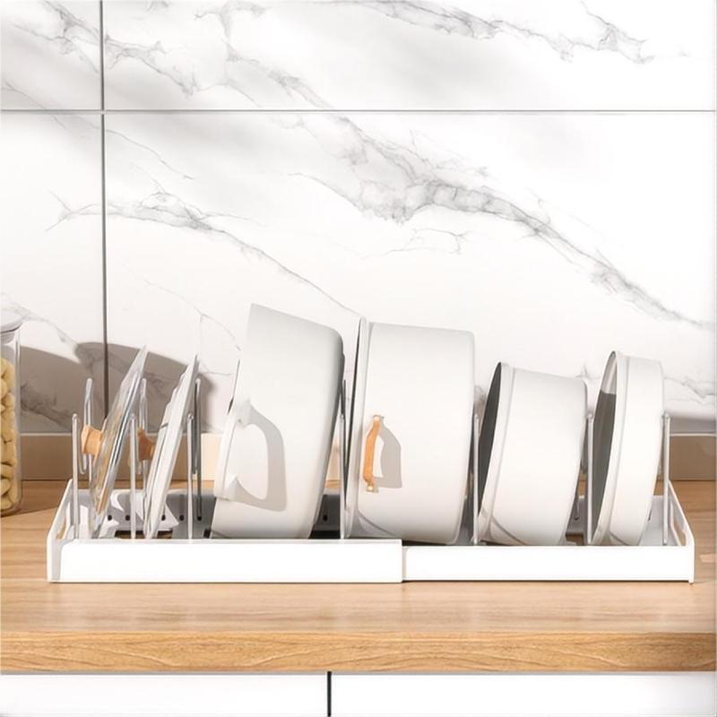 Expandable Pot and Pan Organizer Rack for Cabinet, Pot Lid Organizer Holder with 7 Stainless Steel Adjustable Dividers for Kitchen Cabinet Organizer and Storage (White)