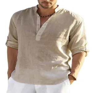 Men’s cotton-linen long-sleeve casual T-shirt with a Henley collar design—comfortable and versatile, suitable for everyday and outdoor wear, wearable all year round #SummerVibes summervibes