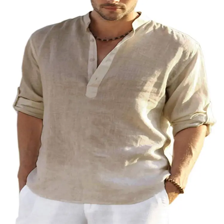Men’s cotton-linen long-sleeve casual T-shirt featuring a Henley collar—comfortable and versatile, suitable for everyday and outdoor wear, wearable year-round. #summervibes, #SummerWins, #Father’sDayGift,back to school,back to school shopping