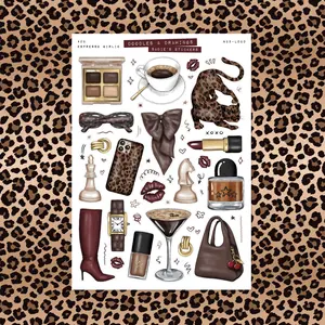 Espresso Girlie • Junk Journal Sticker Sheet • Doodles & Drawings • Scrapbook Stickers • Vision Board • Leopard Girl • Espresso Martini
