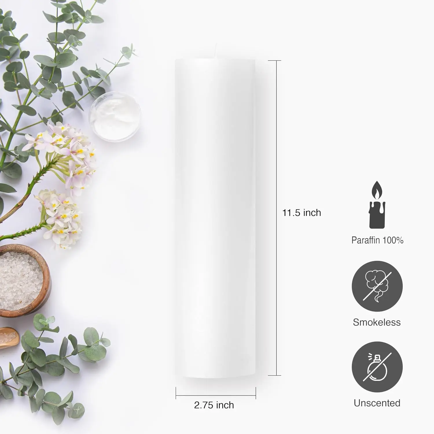 White Pillar Candle (D: 2.75 in, H: 11.5 in), Unscented Candle, for Home Decor, Weddings, Dinner and Christmas, Rustic Style, Large Big Candles