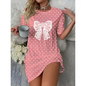 Women's Polka Dot Bow Nightdress Short Sleeve Round Neck Soft Casual Sundress All Season Pajamas