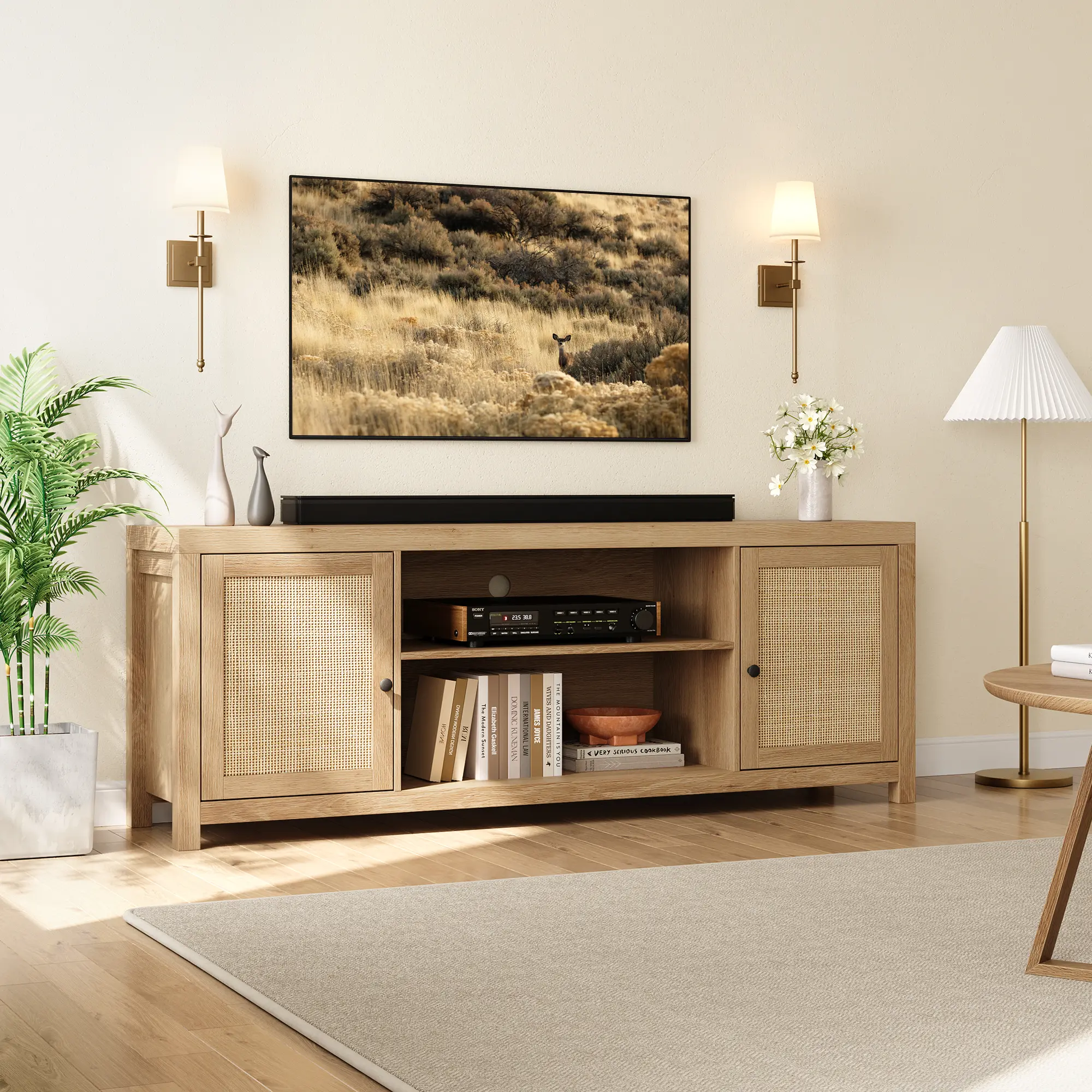 Boho Rattan TV Stand – Two Size Options – Natural Oak Entertainment Center with Adjustable Shelves – 2-Tier Media Cabinet for Living Room, Bedroom