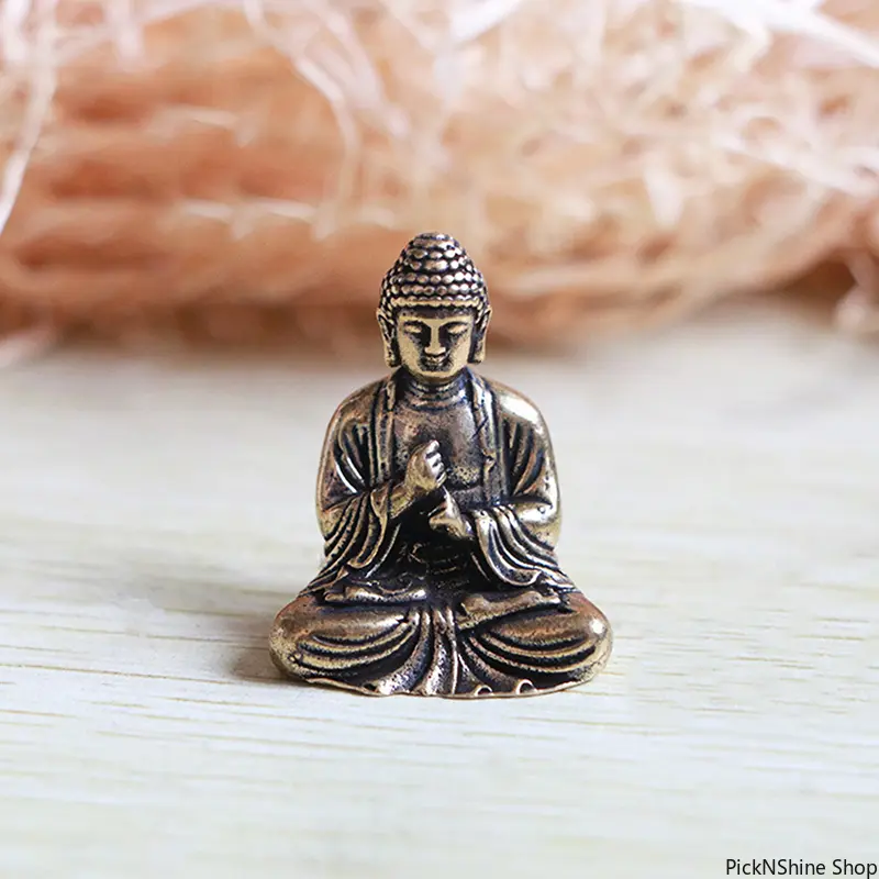Vintage Handcrafted Pure Brass (Copper Alloy) Religious Sakyamuni Buddha Miniature Statue - Detailed Figurine, Home Decoration Ornament, Indoor Desktop & Meditation Area Display Piece