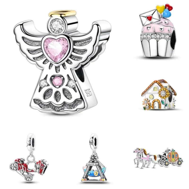 925 Sterling Silver Angel Wing Motorcycle Helmet Charm with Pave Zircon, Biker Jewelry Bead for DIY Charm Bracelets
