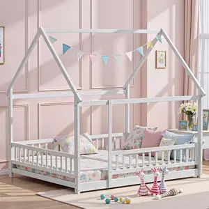 NEKODO Montessori Floor Bed Frame with Slats and Fence, Wooden House Bed for Boys Girls Bedroom, White,Light Espresso,Natural
