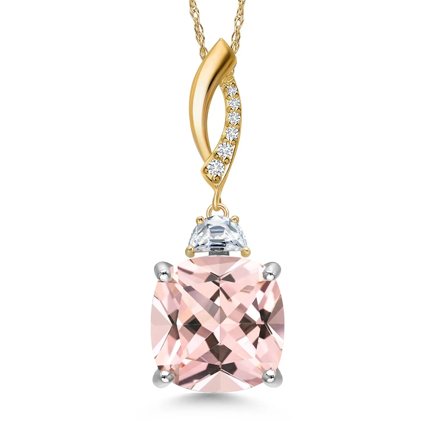 925 Silver and 10K Yellow Gold Peach Nano Morganite and White Moissanite and Lab Grown Diamond Pendant Necklace for Women | 7.81 Cttw | Gemstone October Birthstone | Cushion 12MM | With 18 Inch Chain