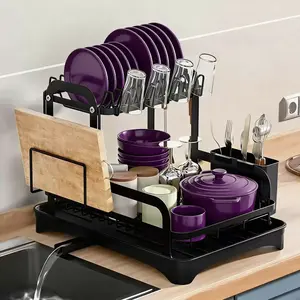 Double-layer large dish rack, stainless steel kitchen countertop storage rack, dish rack with drain tray, black kitchen storage rack, includes cutting board, cup and utensil holder.