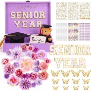 Novabright 50 Pcs 2026 DIY Senior Year Graduation Keepsake Box Kit Large Wooden Memory Box with 3D Butterfly, Flowers, Glitter Alphabet Letter & Number Decals for Her Gifts(Purple, White)