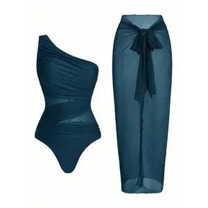 Sexy Cutout One Piece Swimsuit Mesh Wrap Skirt Matching Set Beach Vacation Outfit for Women