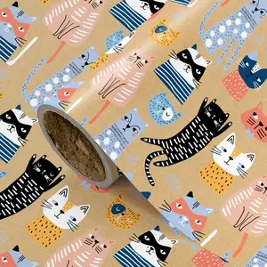 Cartoon Cat Kraft Paper Gift Wrapping Paper, Multicolor Cartoon Cat Pattern, Birthday, Holiday, Party Decor, DIY Craft, 43cm X 300cm