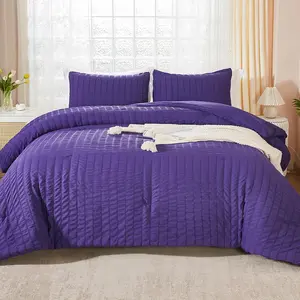 Dark Purple Seersucker California King Comforter (104x96 inches), 3-100% Washed Microfiber Lightweight Comforter with 2 Pillowcases, Down Alternative