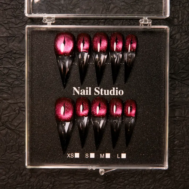 Wine Red Long Pointed Cat-Eye Press-On Nails - Glossy Chrome Gold Finish Nail Supplies for Special Occasions with Elegant Luxury Look