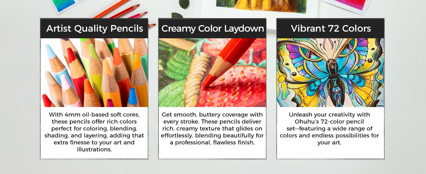 Ohuhu Professional ColoredPencils 72-color Oil-based for Coloring Portrait Sketching Landscape DurableSoftCore for Artist Adult Beginners HalawaSeries