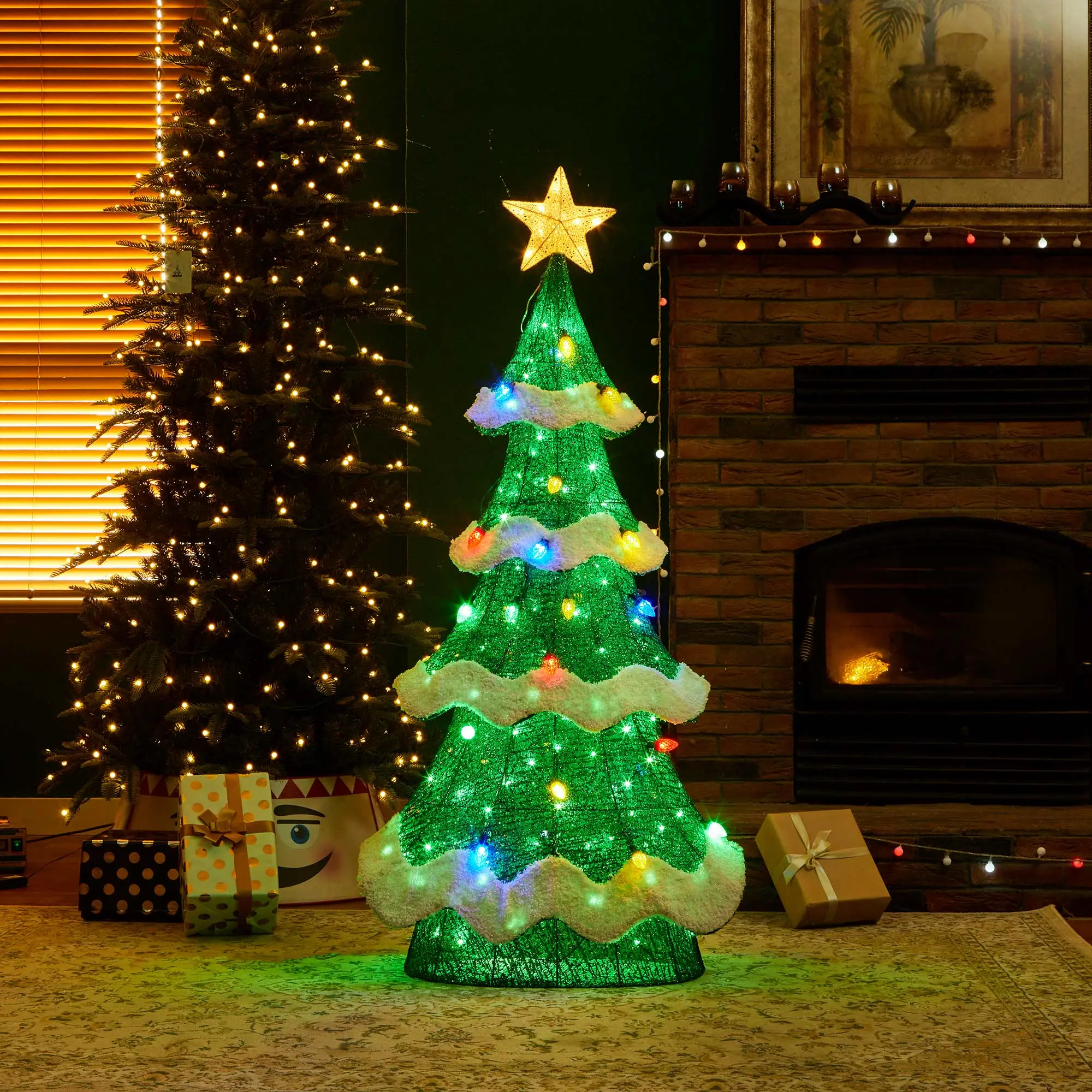 Glitzhome 57.5"H Metal Stake Lighted Christmas 3D Mesh Tree Outdoor Decoration - Mesh Texture, Irregular Form, Colorful Bulbs, 171 Green LED Lights, Superior Stability, Patio Decor, Garden Party Use (KD), Colorful Lights