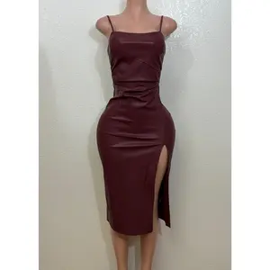 DANESSA BURGUNDY STRAPPY FAUX LEATHER BODYCON MIDI DRESS