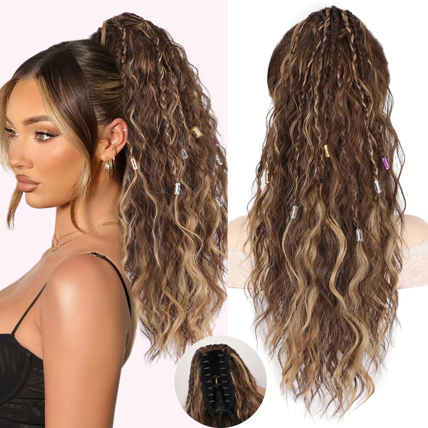 Women's 20-Inch Curly Braided Ponytail Extension - Premium Synthetic Clip-In Hairpiece with Secure Clamp, Braiding Extensions for Daily Wear & Parties, Fluffy Long Brown Synthetic Hair Pieces, Curly Ponytail Extensions