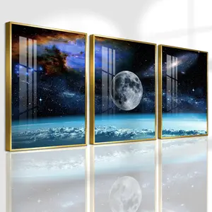 3 Count Aluminum Alloy Frame Canvas, Fashion Poster Moon Design, Starry Sky Print, Moon And Galaxy Space Art, Modern Living Room Decoration, Light Luxury Family Art, Artistic, Suitable For Bedroom, Corridor And Office Wall Decor, Gift