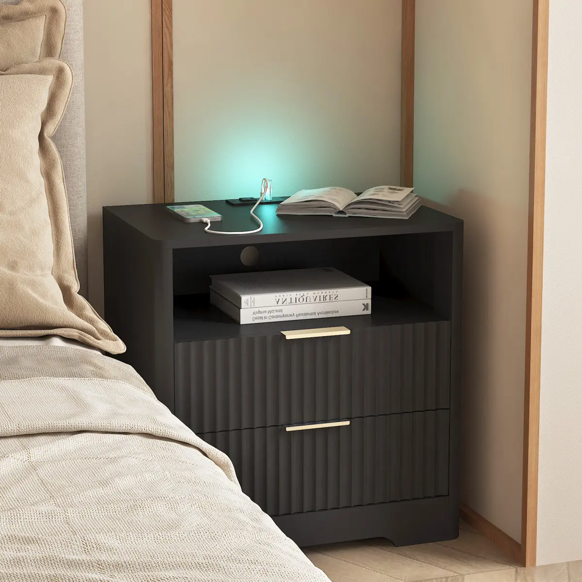 Black L-Shape Smart Nightstand - Contemporary, Dual-Use, Lighted, Luxury, Multi-Functionality Bedside Table with Charging Station, Voice-Controlled Light, Storage Cabinet for Bedroom, Contemporary Bedside Tables, Dual-Use Bedside Tables