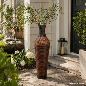 39in Tall Black Gray Hand-Woven PVC Rattan Floor Vase with Weaved Texture, 5.5in Top Diameter Standing Arch Vase, Farmhouse Home Decor for Living Room, Entryway Decorative Vase Decorative Flower Vase