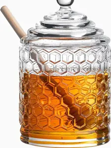 Royalty Art Glass Honey Pot with Beehive Lid and Wooden Dipper, 3 Pc. Set, Decorative Kitchen Accessory and Dispenser, Honeycomb Glassware, Reusable and Washable