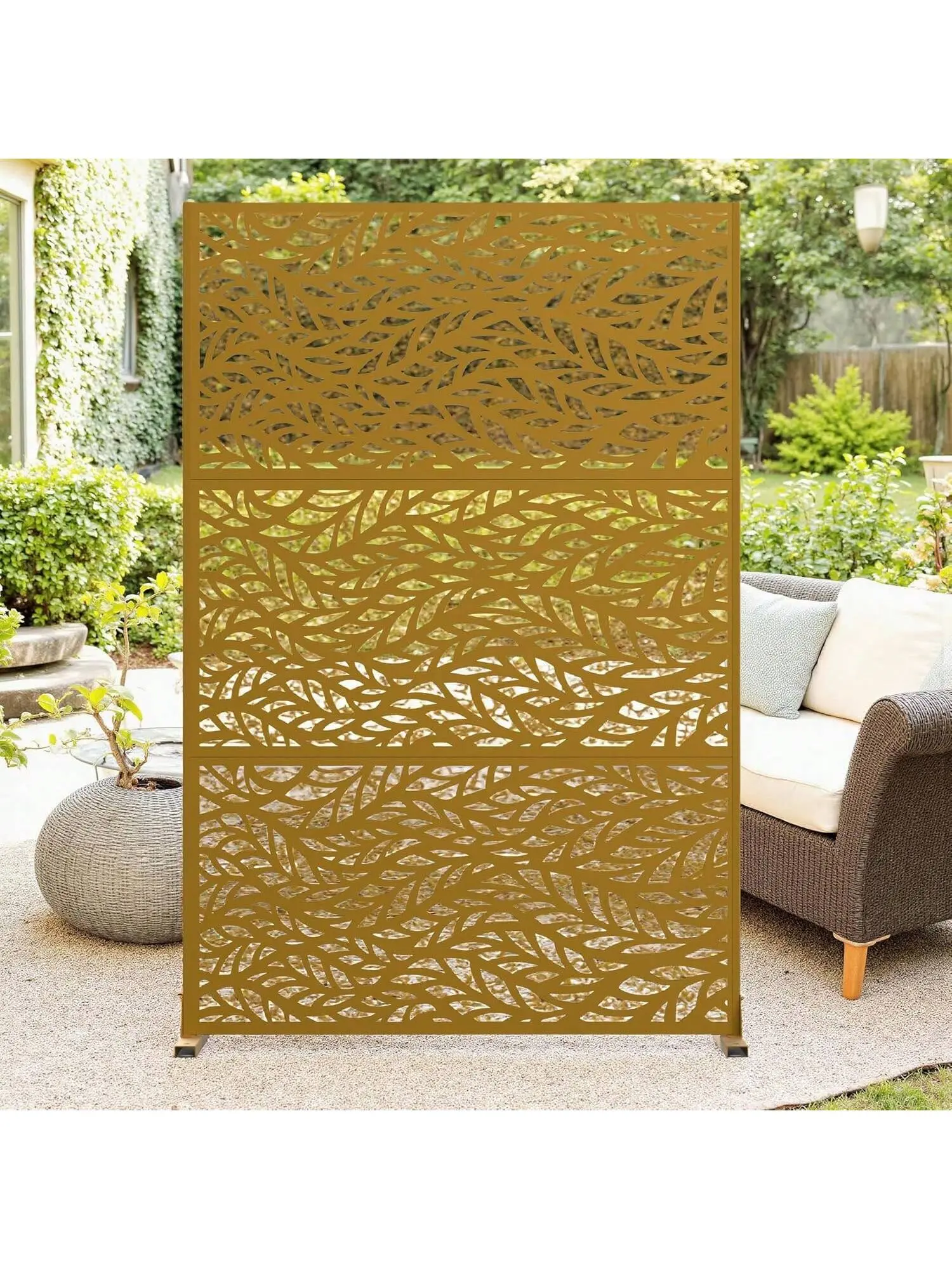 【Christmas Gift】Brown/Leaves- Metal Privacy Screen 72" H X 47" W, Outdoor Privacy Screens And Panels, Freestanding Decorative Fence For Patio Lawn Garden Deck Balcony, 3-Panel Outdoor Divider With Stand