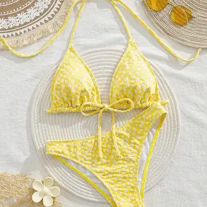 Bright Yellow Sexy Bikini for Beach Vacation Spring Split Swimsuit