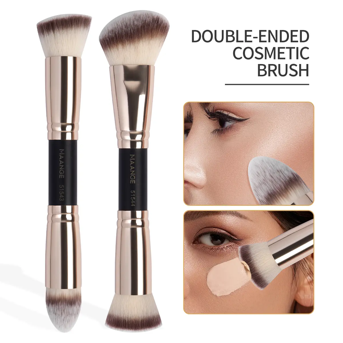 MAANGE Multifunctional Dual-Ended Makeup Brushes, 2 Count Cosmetic Brush Set for Foundation, Blush, Powder & Contour, Black Champagne Color, 2 Count Brushes - Black Champagne Color