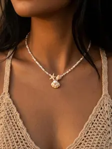 Shell Starfish & Seashell Beaded Necklace, Summer Vacation Style for Women, Beach Daily Travel Wear, Graduation Summer Gift, Dainty Necklaces