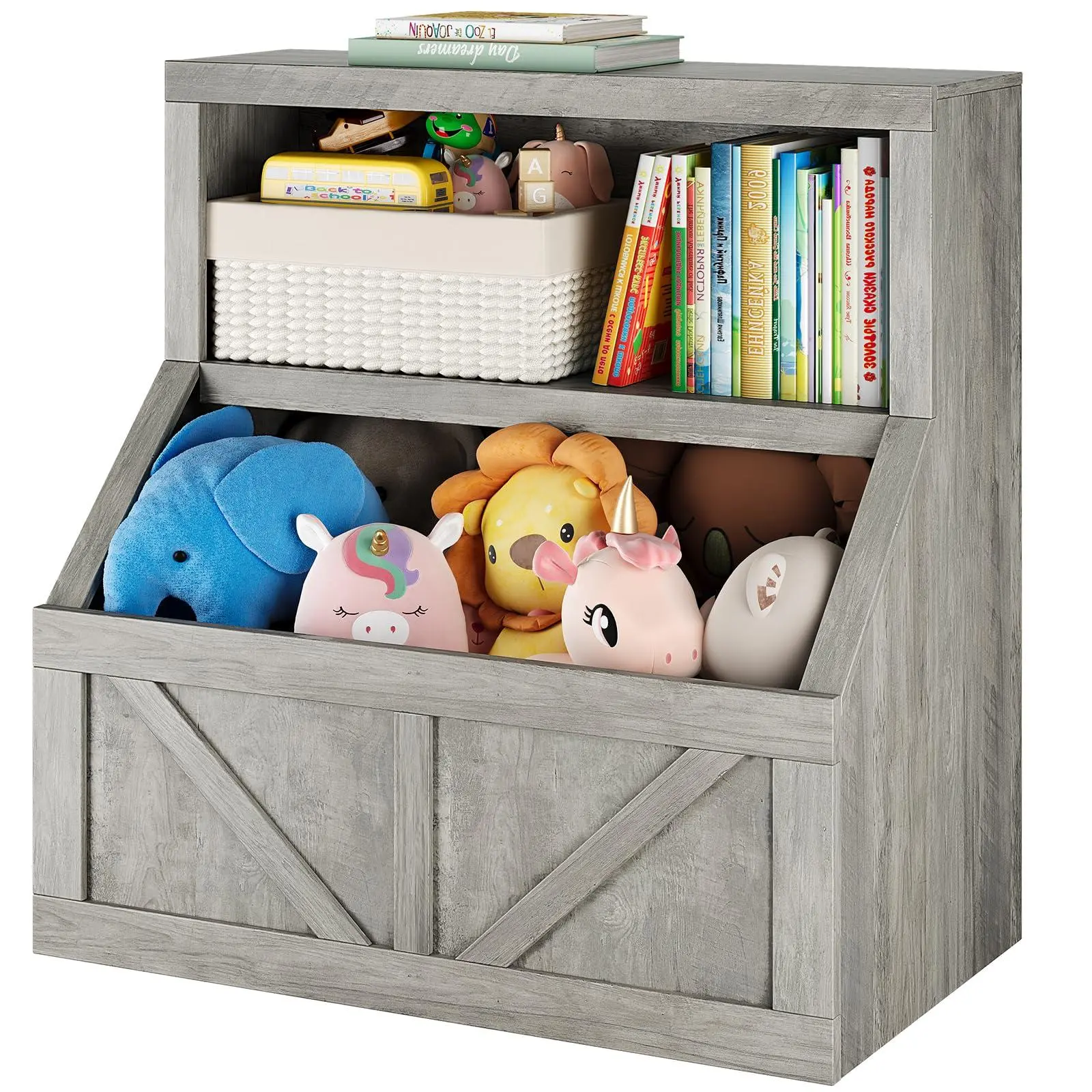 Kids Bookshelf and Toy Storage, Wooden Bookcase with Storage Cabinet and Toy Shelf, Floor Standing Toy Organizer, Toddler Book Shelf for Kids Rooms, Playroom, Bedroom, Nursery, Gray