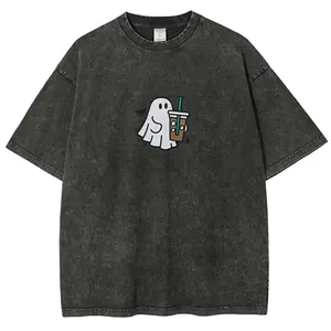 Unisex Cute Ghost with Iced Coffee PRINT Cotton Crew Neck Washed T-shirt