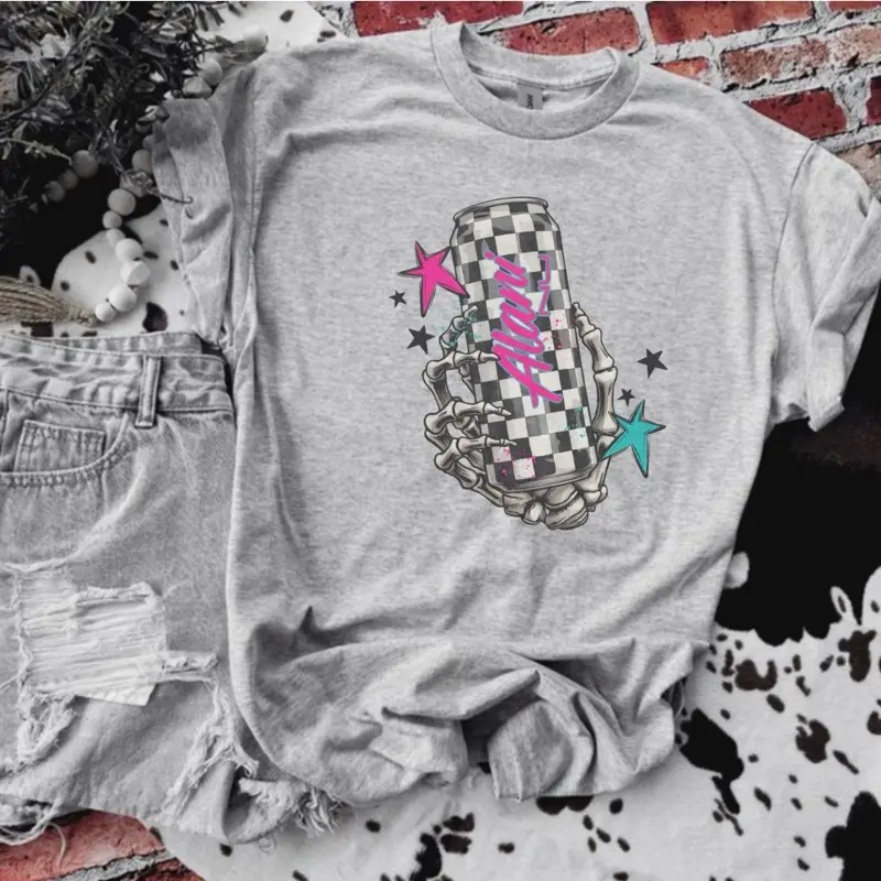 Checkered Alan! Can Skellie Hand Bleached Shirt Comfy Unisex Jersey Top Casual Vintage Style Short Sleeve Crew Neck Medium Length