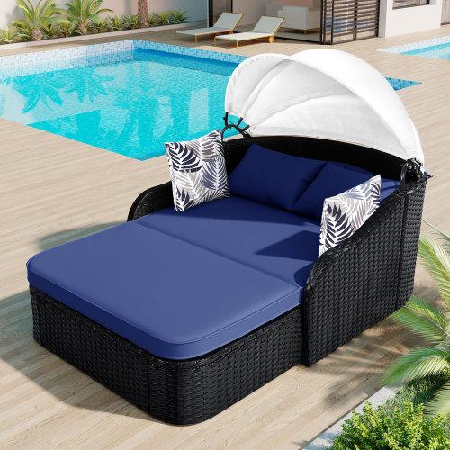 79.9 Inch Outdoor Sunbed with Adjustable Canopy Double Lounger PE Rattan Daybed Black Wicker Patio Furniture with Cushions for Poolside Backyard Garden (Black+Blue) 79.9 Inch Outdoor Sunbed with Adjustable Canopy Double Lounger PE Rattan Daybed Black Wicker Patio Furniture with Cushions for Poolside Backyard Garden (Black+Blue)