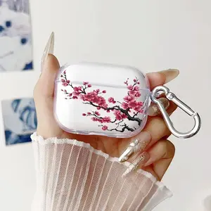 Blossoming Cherry Branch Pattern TPU Soft Protective Case for Apple AirPods 4/3/2/1/Pro/Pro2 Transparent Earphone Cover with Keychain Attachment