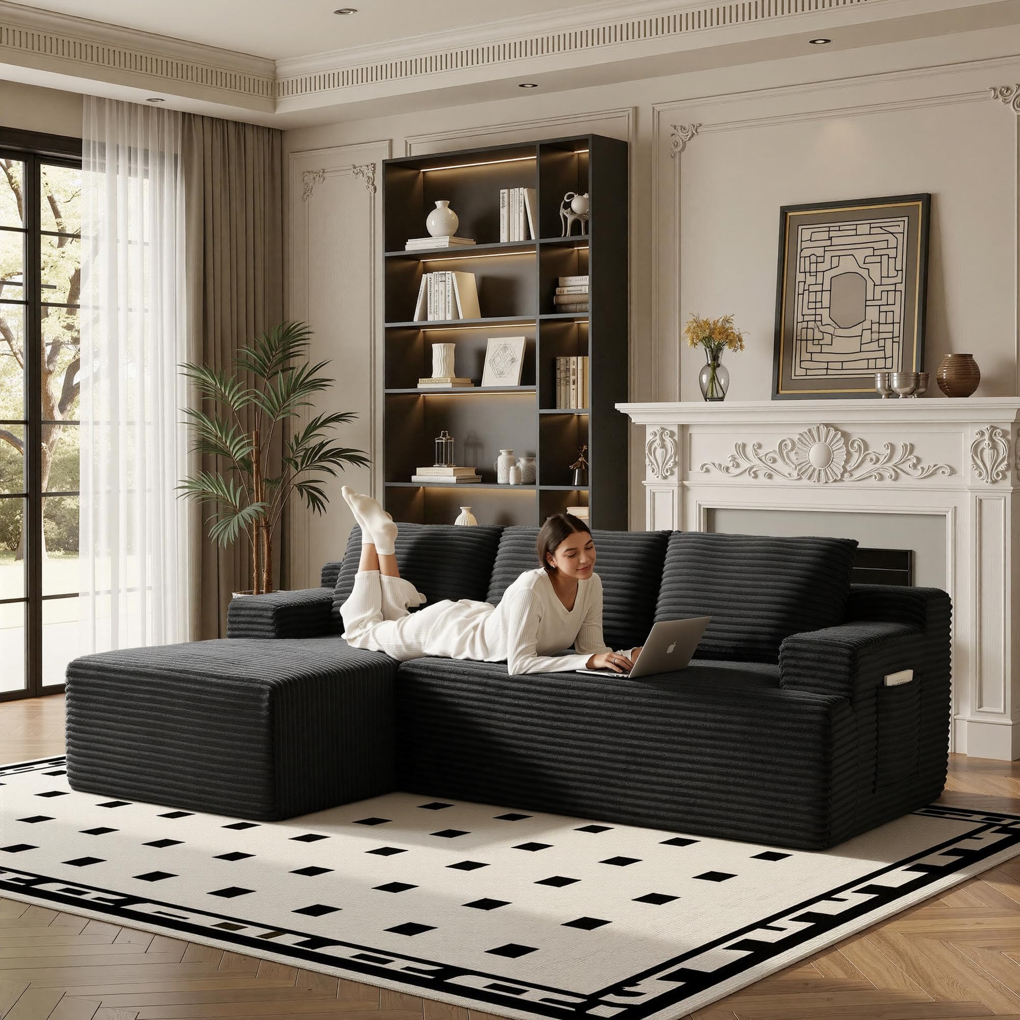 96-Inch L-Shaped Modular Corduroy Sofa with Chaise, Moderate Deep Seat, Vacuum-Packed, No-Assembly Indoor Furniture for Apartments & Condos
