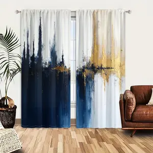 2pcs Window Curtains, Home Decoration Curtain, Textured abstract painting in navy blue and gold, Features a horizontal blend with drips and strokes on a white canvas, for Bedroom Living Room, Rod Pocket Window Treatment