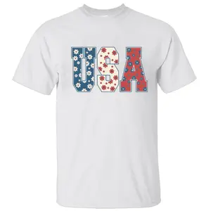 [Sale Up To 45%] USA Floral Shirt, Red White & Blue Retro Lettering, Fun Patriotic Look for Summer & Independence Day