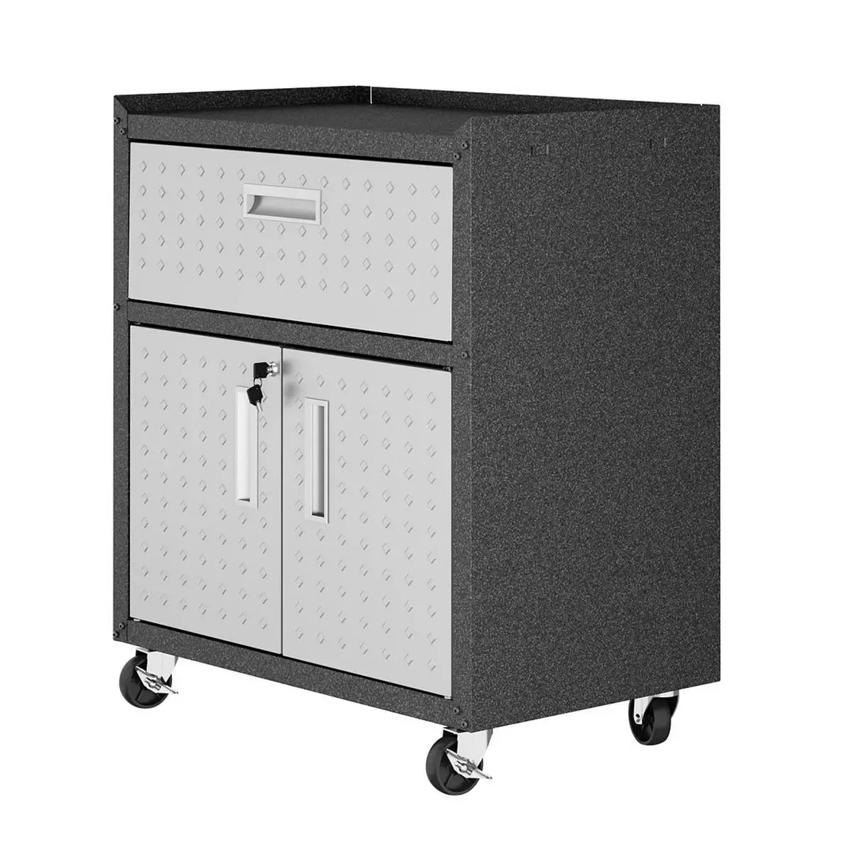 212 MAIN Modern Textured Metal Mobile Garage Cabinet with Steel Frame, Diamond Texture, Lock System & Swivel Casters, Grey, 1 Full Extension Drawer, 2 Adjustable Shelves, 31.5x30.3x18.2 in, Adjustable Storage Cabinets, All Steel Cabinets
