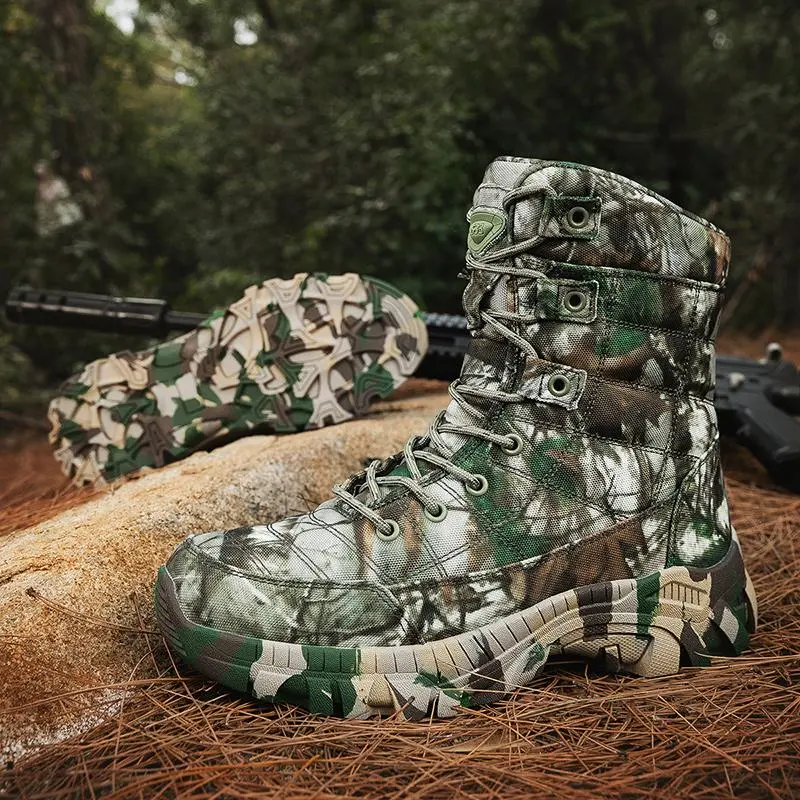 Men's Tactical Boots - Camouflage Lightweight Comfortable All-Weather Work Boots for Motorcycle Riding Combat Hiking Safe Outdoor Shoes with Anti-Slip Rubber Sole and Adjustable Lacing Height
