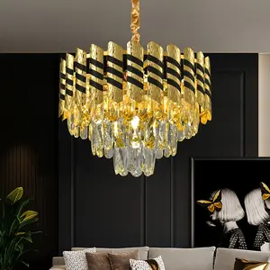 Modern K9 Crystal Chandelier with Golden Finish - Adjustable Color Temperature, Semi-Flush Mount, 4-Light Design, E14 Bulb Base & Hardwired for Living Room, Dining, Bathroom, Bedroom - 15. 7" Diameter, 39. 37" Adjustable Chain, Bathroom Chandelier, Co