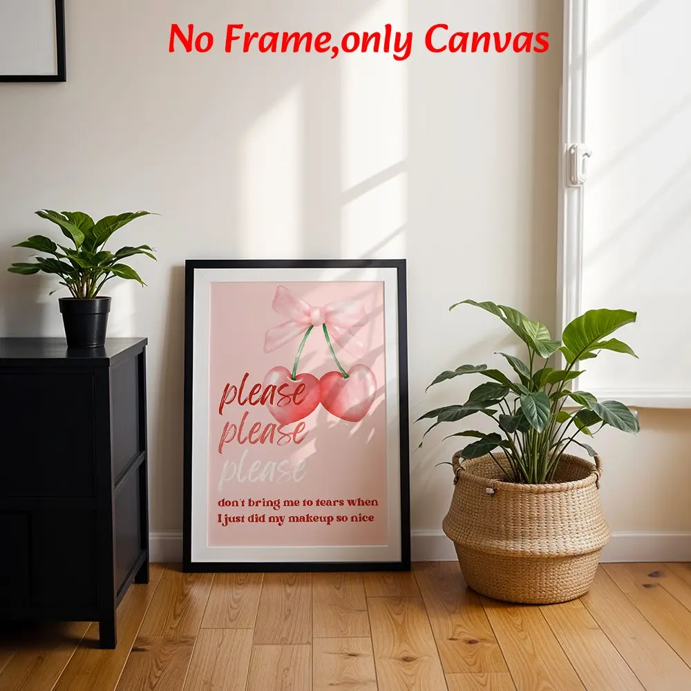 Cute Cherry Bow Posters, Cherry Print Design, Cherries with Ribbon, Romantic Wall Decor, Unframed Canvas Art for Bedroom, Living Room, Bathroom
